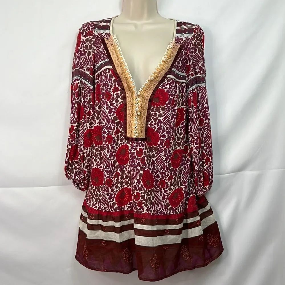 Free People Sweet Poland Poppy Floral Boho Tunic Top mini dress size small EUC